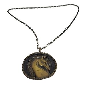 Wild Horse Long Brushed Bronze Black Enamel Oval Statement Pendant